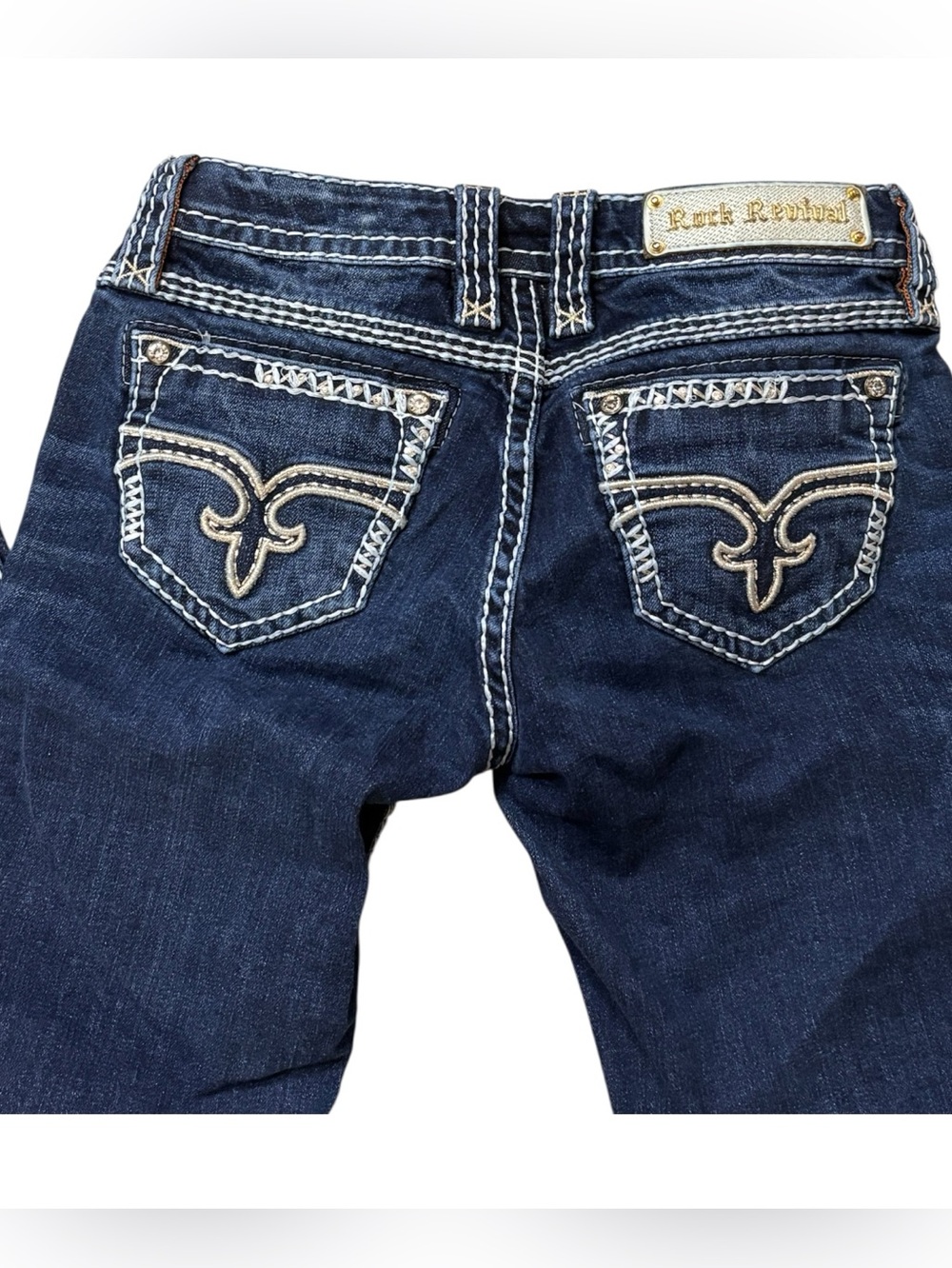 Rock Revival Dark Blue Skinny Jeans with Embroidered & Blinged  Back Pockets